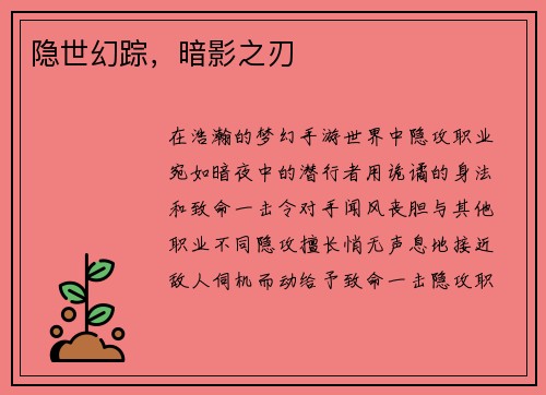 隐世幻踪，暗影之刃